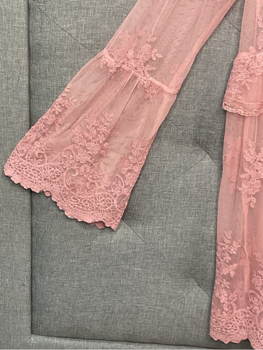 Sheer Pink Lace Babydoll Top Bell Sleeve Boho Blouse Medium - Picture 5 of 8